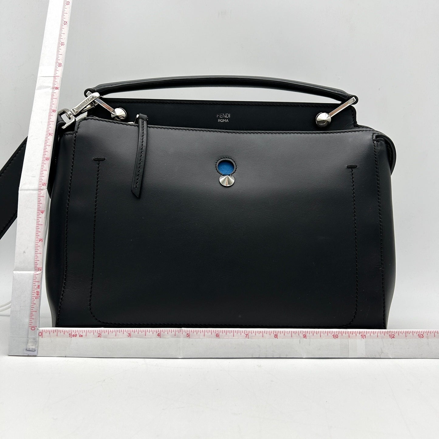 Pre-owned FENDI Vitello Baltico Dolce DotCom Satchel Black Blue Royal LA16274