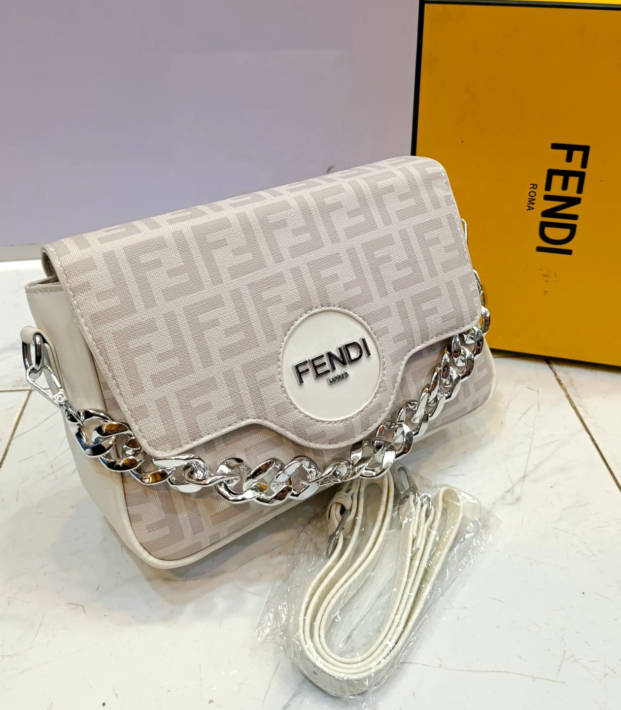 High-Quality Fendi Stylish Bag with Long Strap (white)