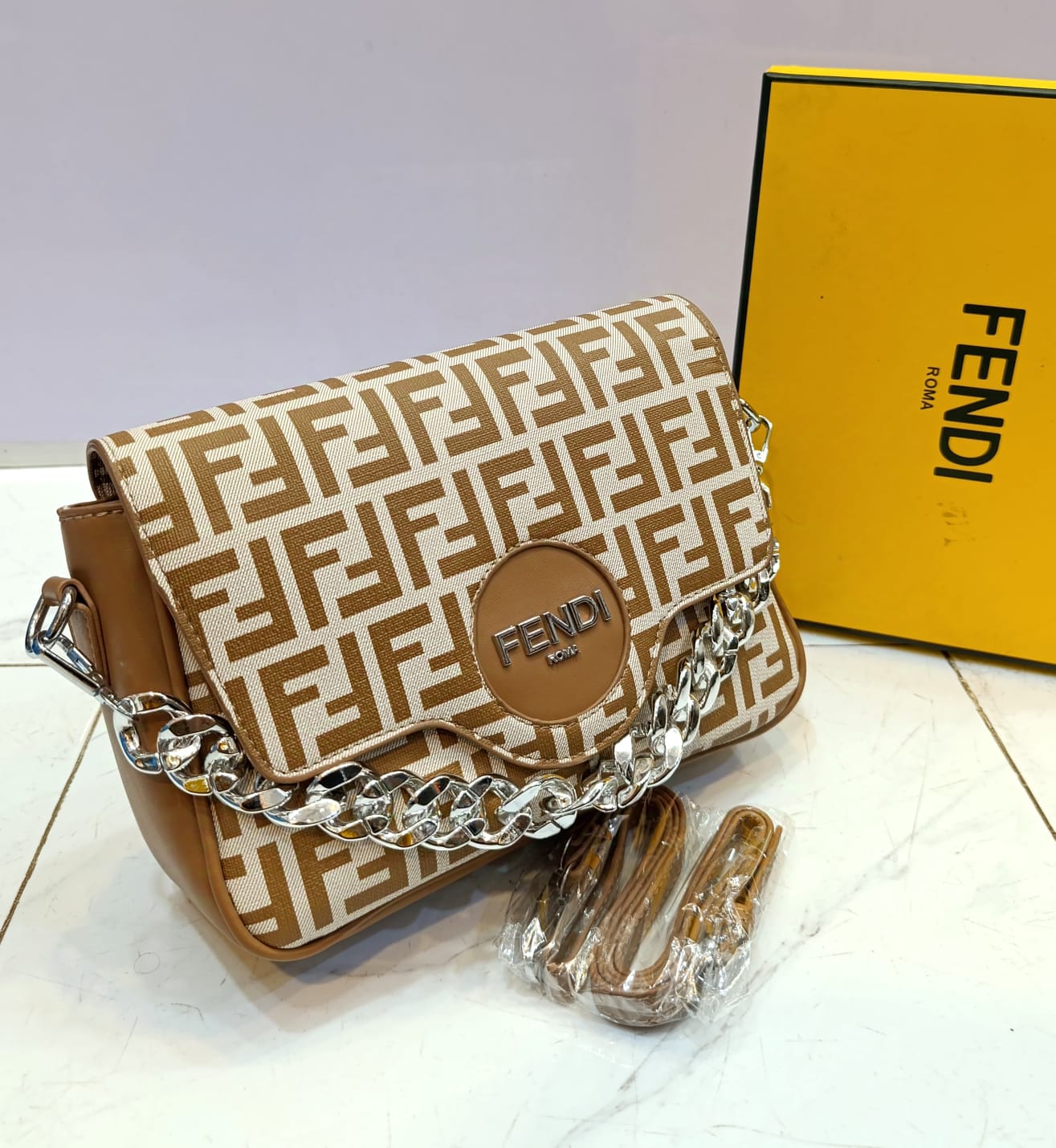 High-Quality Fendi Stylish Bag with Long Strap (brown)