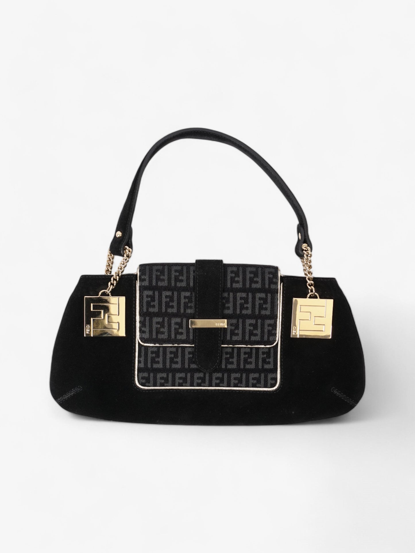 Fendi Zucchino Shoulder Bag Black / Light Gold Suede