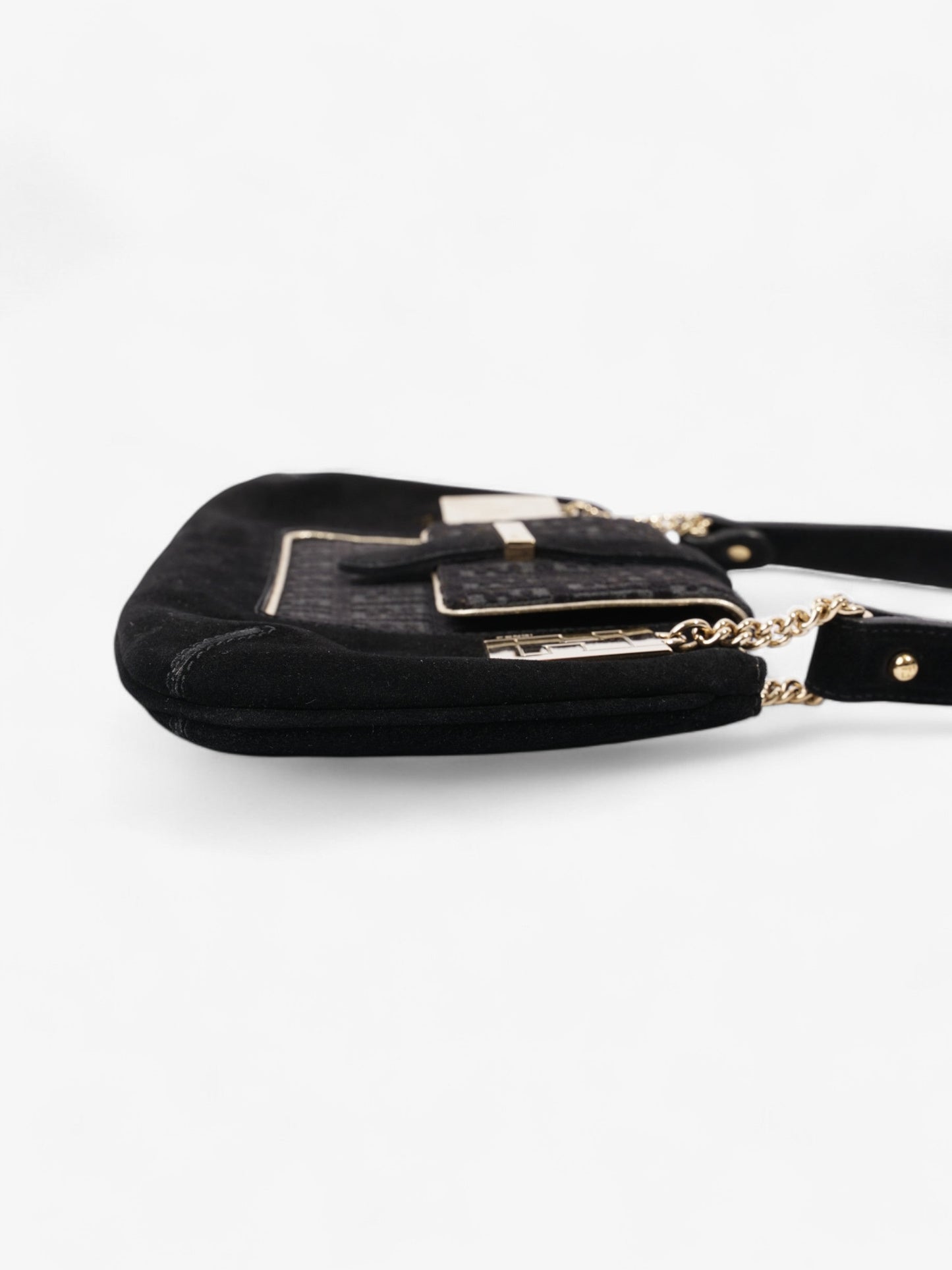 Fendi Zucchino Shoulder Bag Black / Light Gold Suede