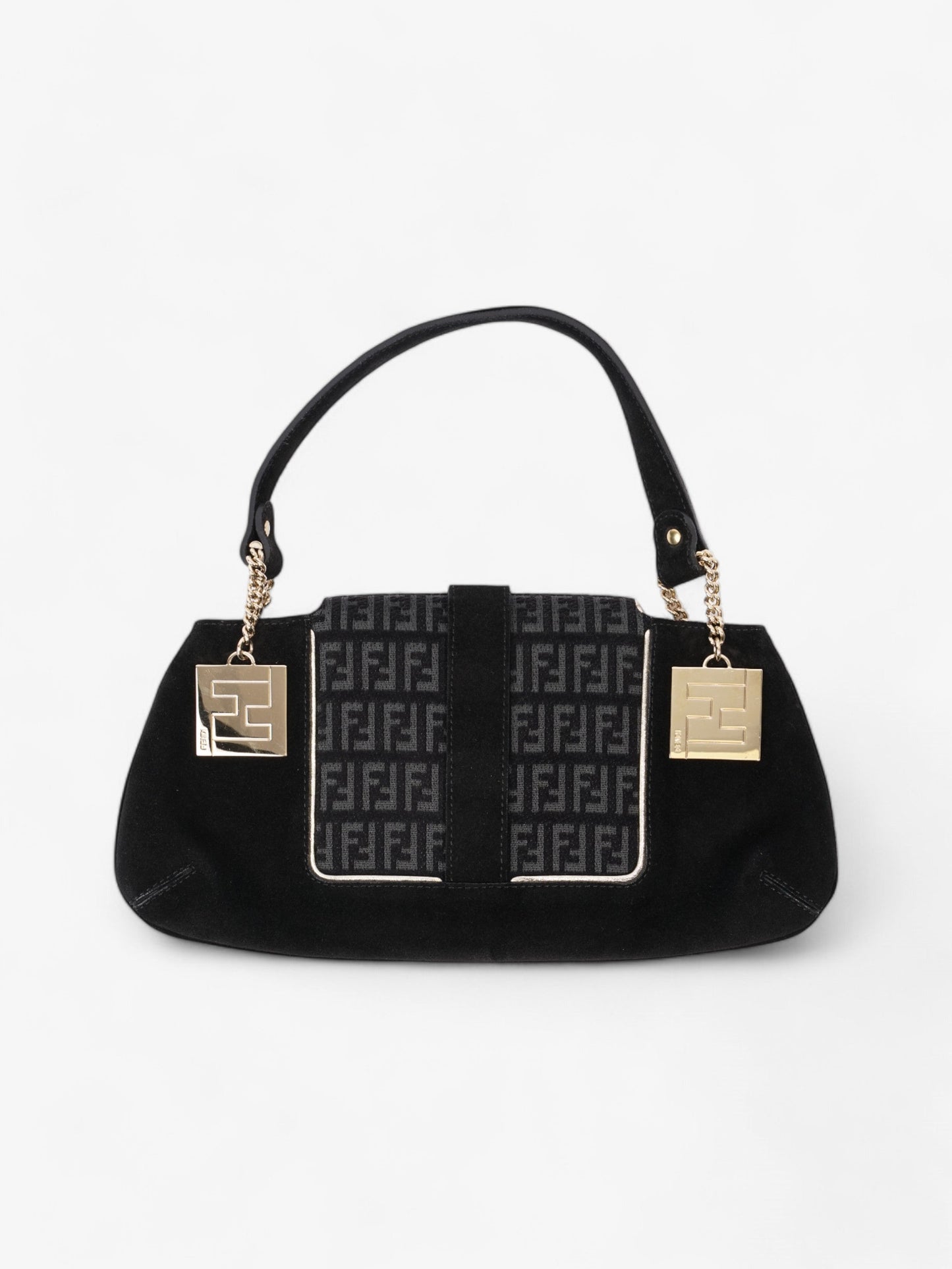 Fendi Zucchino Shoulder Bag Black / Light Gold Suede