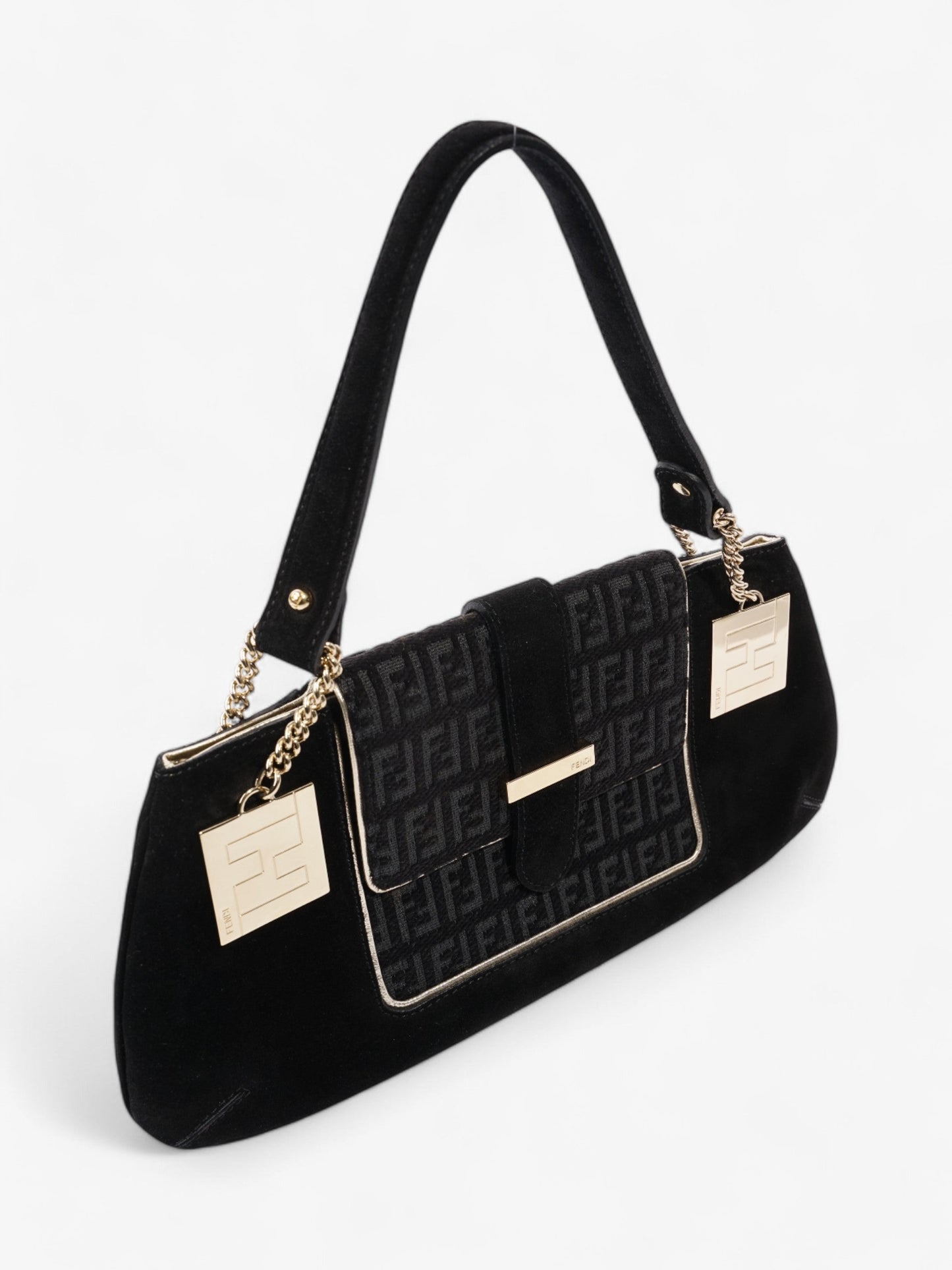 Fendi Zucchino Shoulder Bag Black / Light Gold Suede