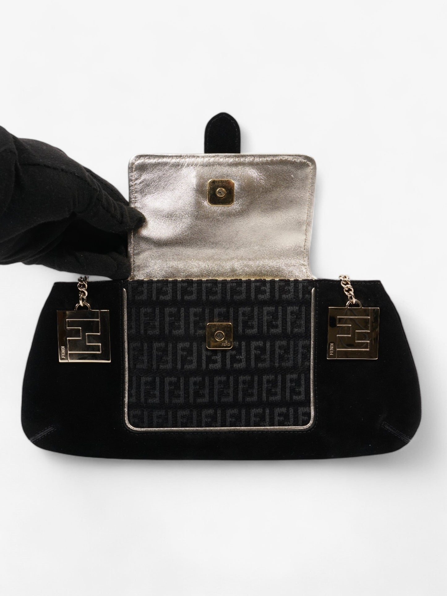 Fendi Zucchino Shoulder Bag Black / Light Gold Suede