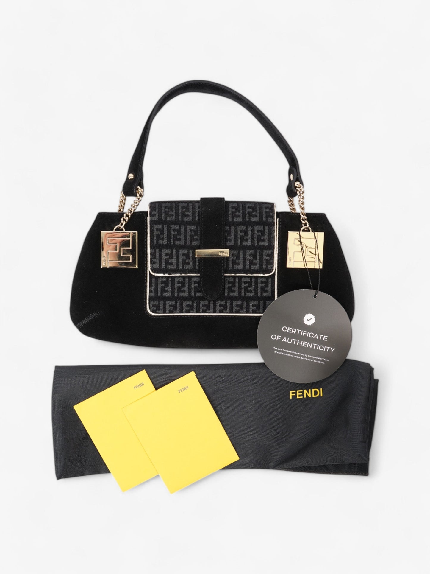 Fendi Zucchino Shoulder Bag Black / Light Gold Suede