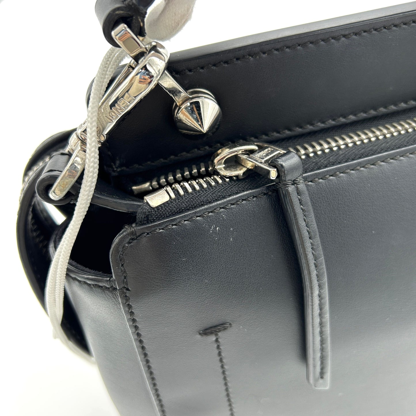 Pre-owned FENDI Vitello Baltico Dolce DotCom Satchel Black Blue Royal LA16274