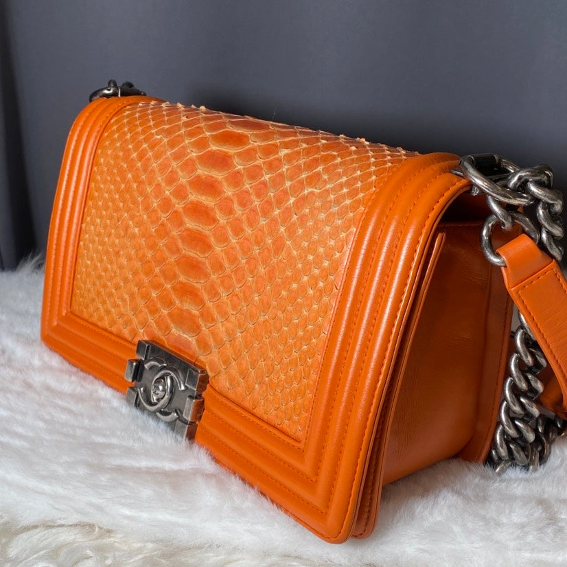 Chanel Boy Bag Orange Python Leather Shoulder Bag