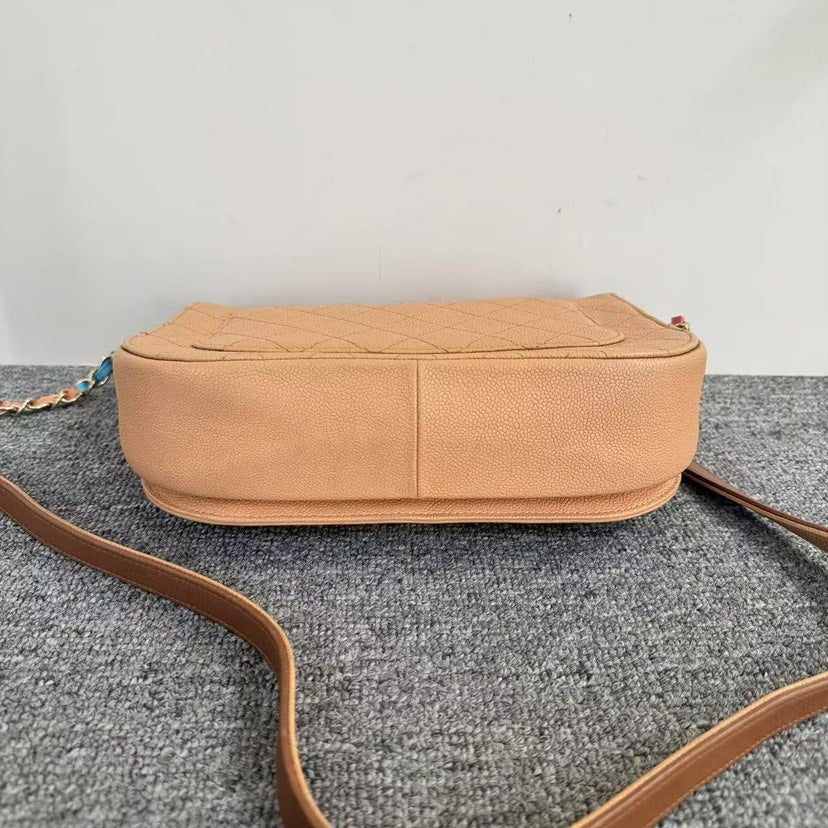 Preloved Chanel Quilted Shoulder Bag Beige Leather Medium SJZ2-11