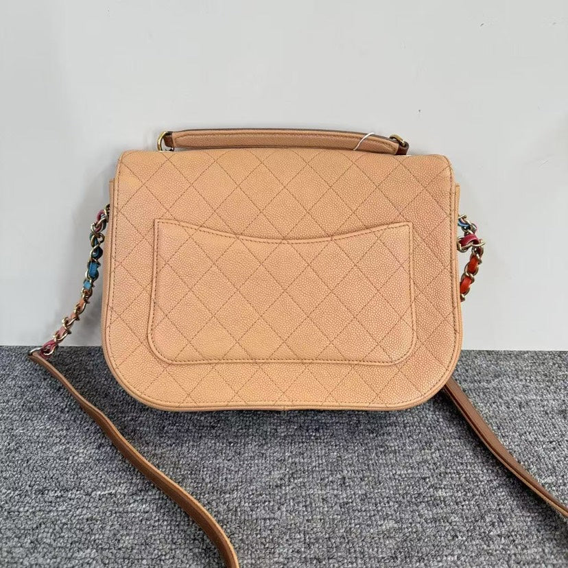 Preloved Chanel Quilted Shoulder Bag Beige Leather Medium SJZ2-11