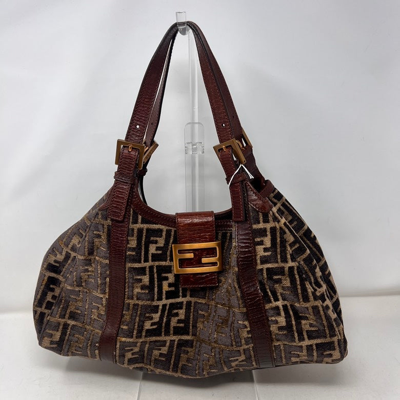 Preloved Fendi Suede & Leather Shoulder Bag AF292 in Brown with Pattern
