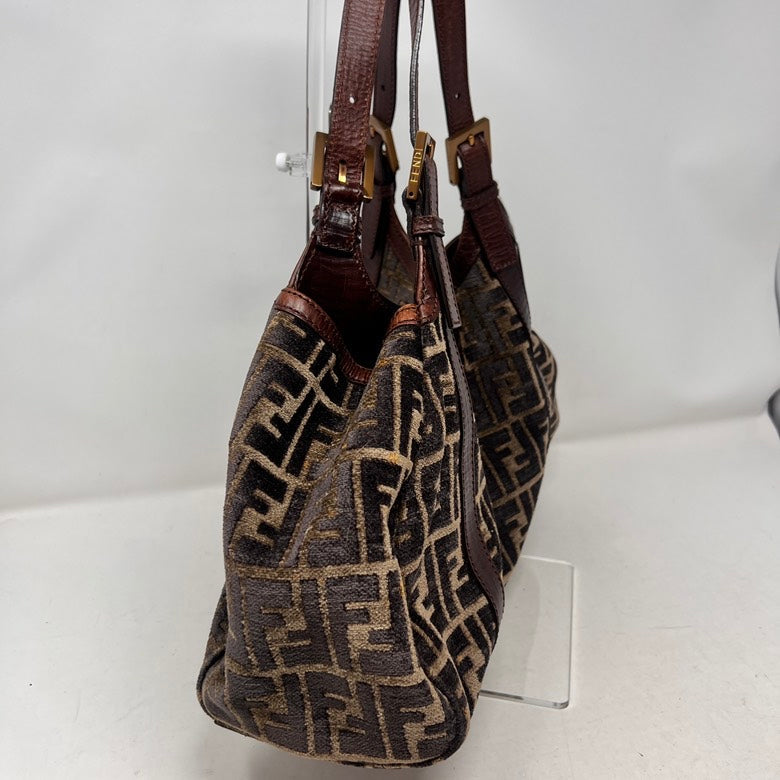 Preloved Fendi Suede & Leather Shoulder Bag AF292 in Brown with Pattern