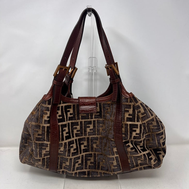 Preloved Fendi Suede & Leather Shoulder Bag AF292 in Brown with Pattern