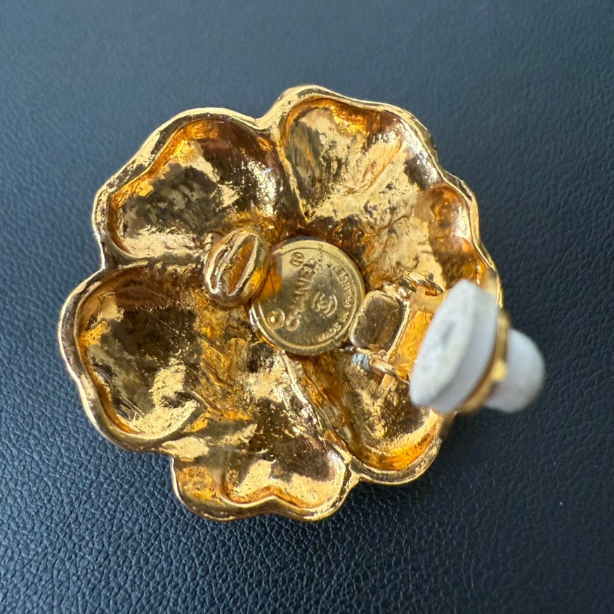Vintage Chanel Camellia Clip-on Earrings Gold Jewelry