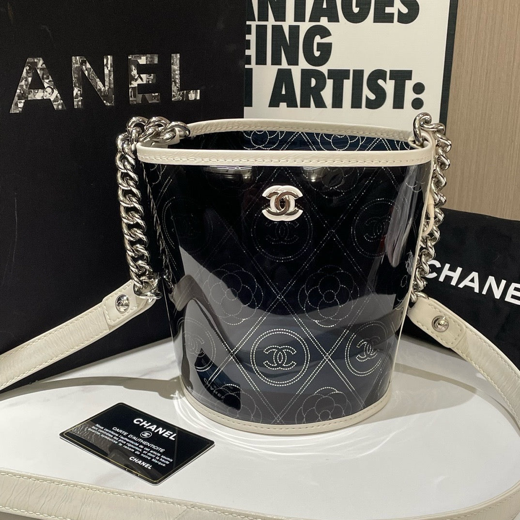 Chanel Camellia Coco Bucket Bag Small Black Patent Leather Used Designer Handbag