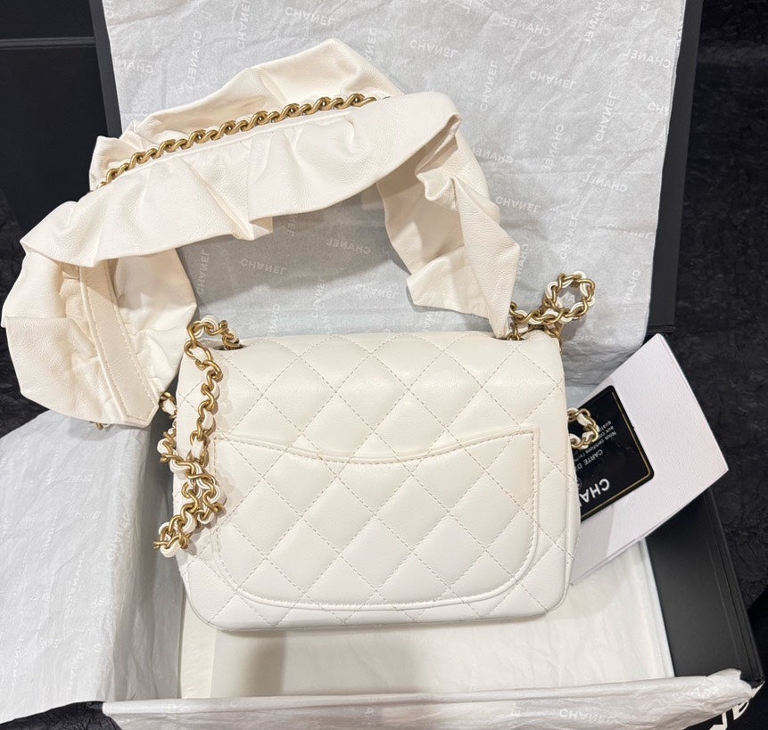 BRAND NEW Chanel Classic Flap White Gold Shoulder Bag Full Set