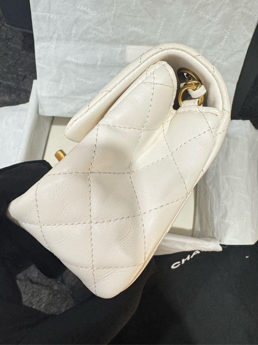 BRAND NEW Chanel Classic Flap White Gold Shoulder Bag Full Set