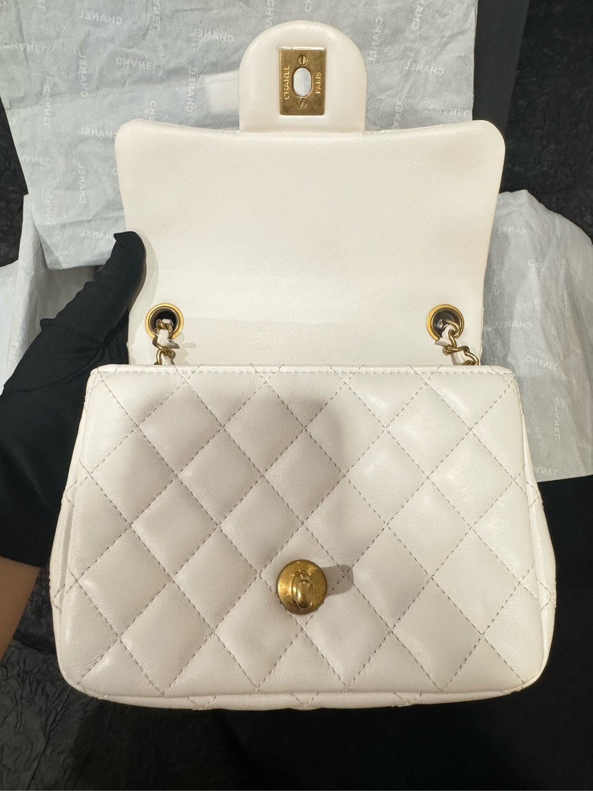 BRAND NEW Chanel Classic Flap White Gold Shoulder Bag Full Set