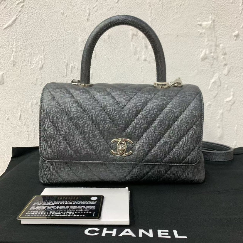Preloved Chanel Coco Handle Bag Gray Leather Top Handle Bag 4050702