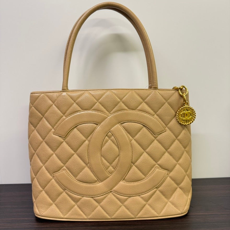 Preloved Chanel Caviar Leather Medallion Tote Bag Beige