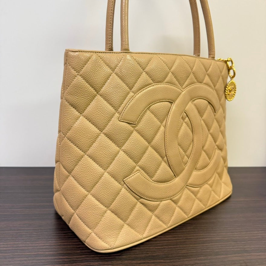 Preloved Chanel Caviar Leather Medallion Tote Bag Beige