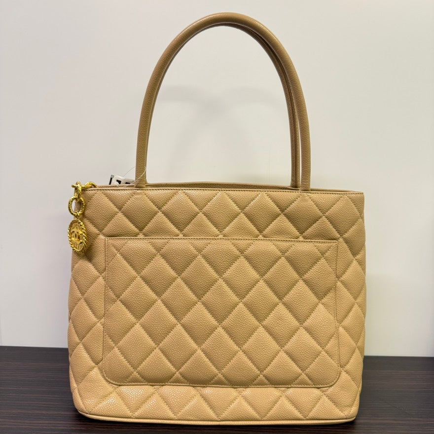 Preloved Chanel Caviar Leather Medallion Tote Bag Beige