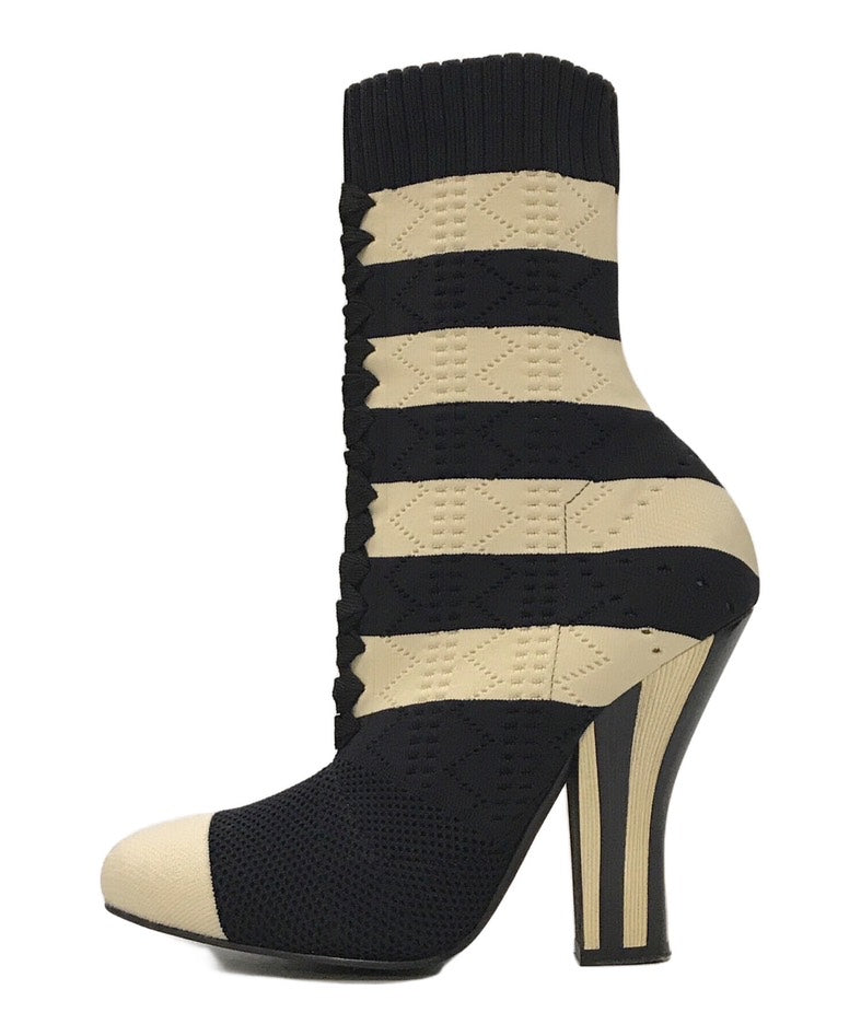 Preloved Fendi Stripe Sock Black Beige Boots