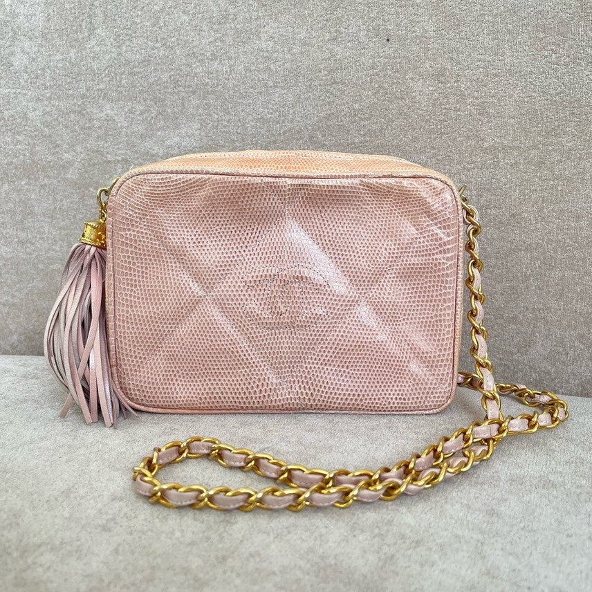 Preloved Chanel Camera Bag in Blush Pink Exotic Leather Crossbody Bag