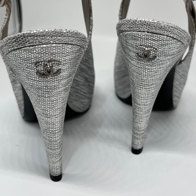 Preloved Chanel Slingback Silver High Heel Pumps Size 38