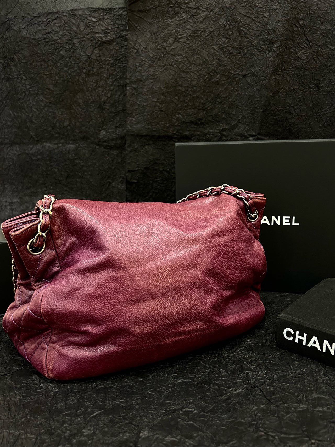 Chanel Berry Red Caviar Skin CC Logo Shoulder Bag