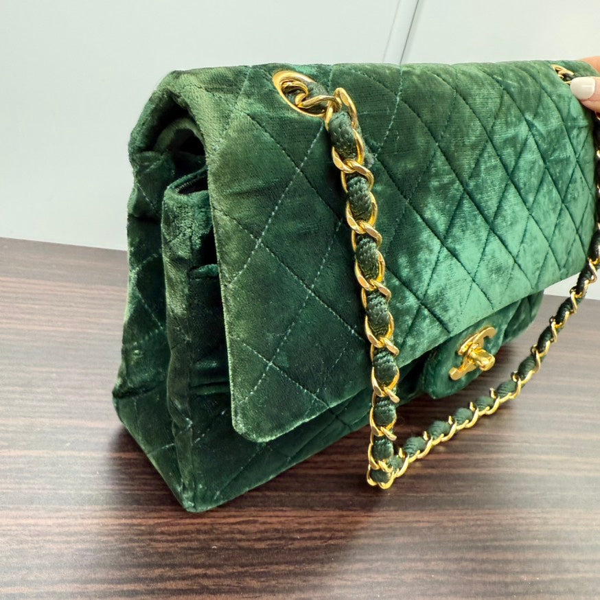Vintage Chanel Velvet Classic Double Flap Bag LB110101 Green Shoulder Bag
