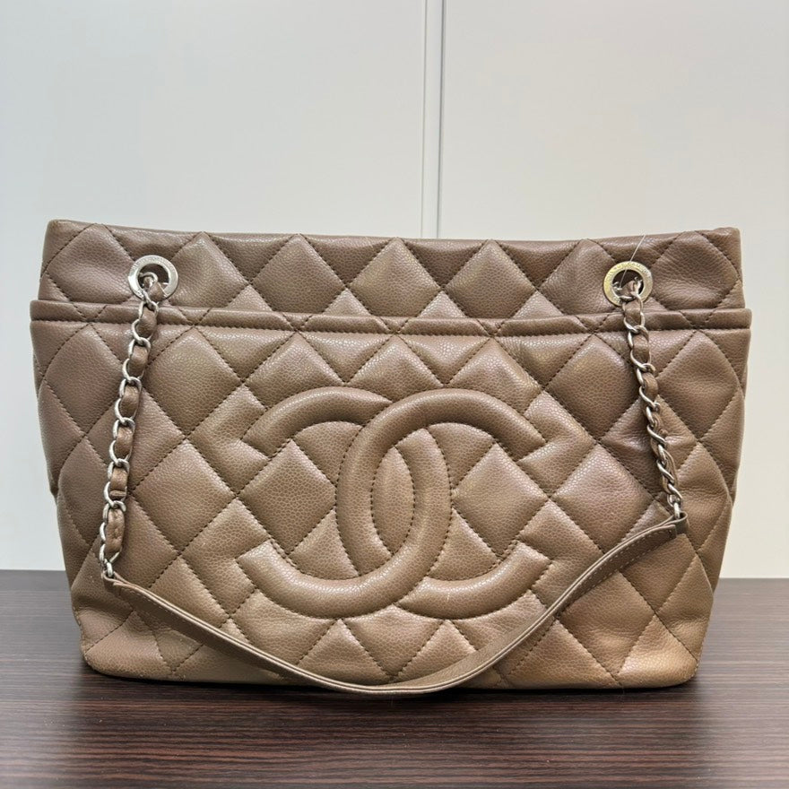 Chanel Caviar Leather Chain Tote Bag Beige