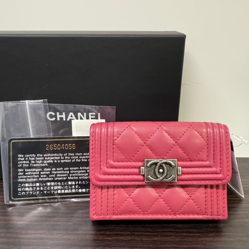 Chanel Boy Calfskin Compact Wallet in Pink - Preloved N423560