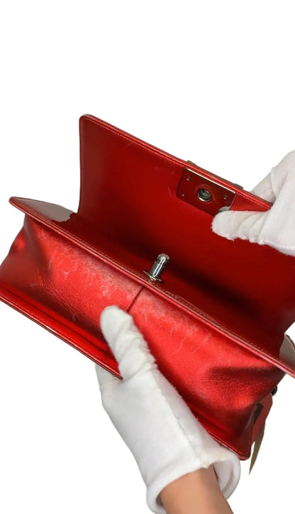 CHANEL Boy Flap Bag Quilted Patent New Medium Red B11-28