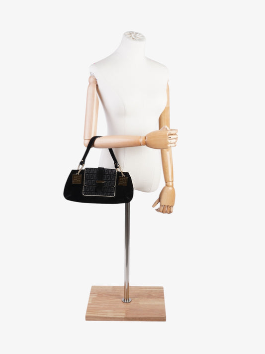 Fendi Zucchino Shoulder Bag Black / Light Gold Suede