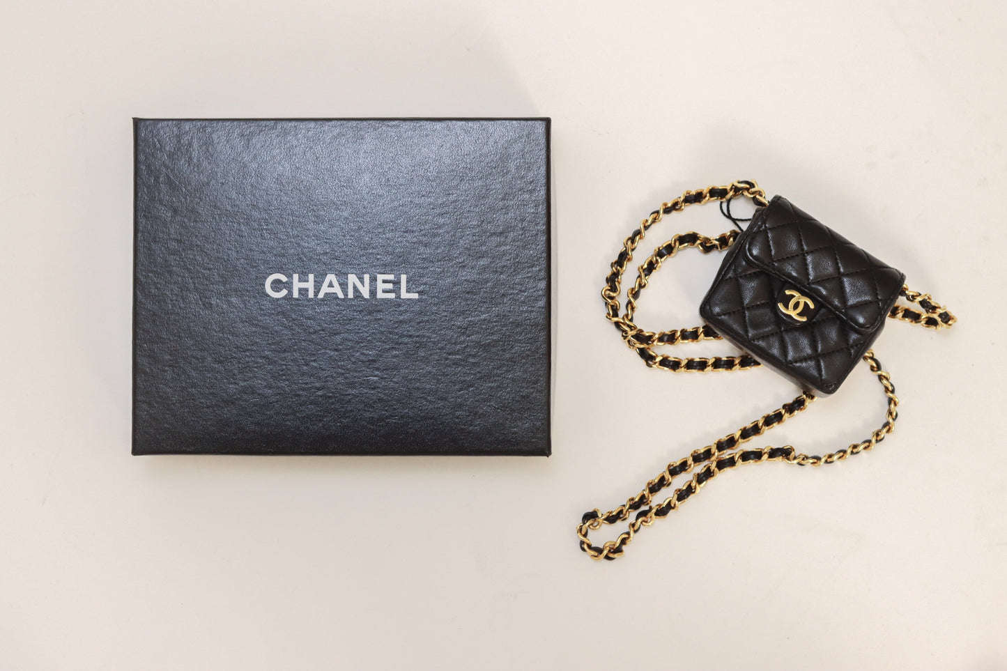 Chanel Black Mini Quilted Leather Coin Purse with Chain Strap