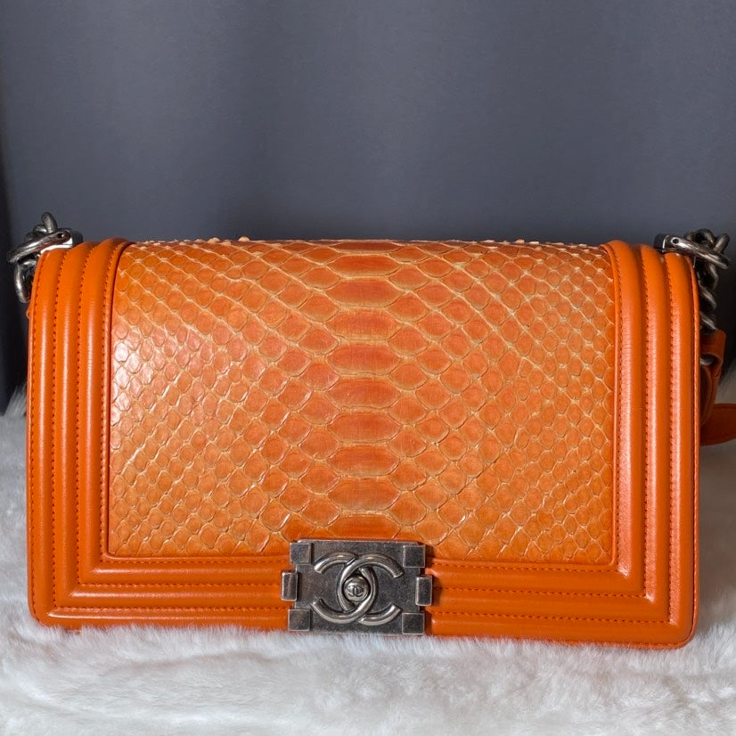 Chanel Boy Bag Orange Python Leather Shoulder Bag