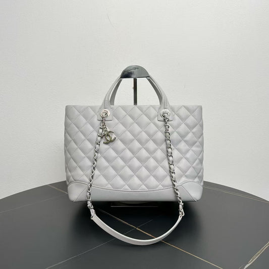 Preloved Chanel Quilted Two-Way Bag 2018 in Light Gray Leather
