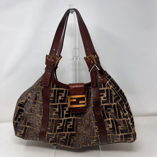 Preloved Fendi Suede & Leather Shoulder Bag AF292 in Brown with Pattern