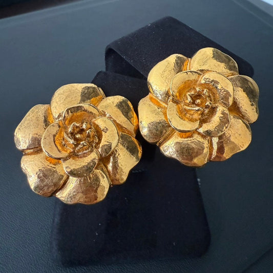 Vintage Chanel Camellia Clip-on Earrings Gold Jewelry