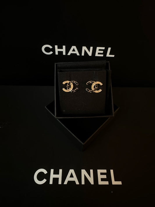 Chanel 21v Classic Chain Leather Black Gold CC Earrings Full Set Almost New