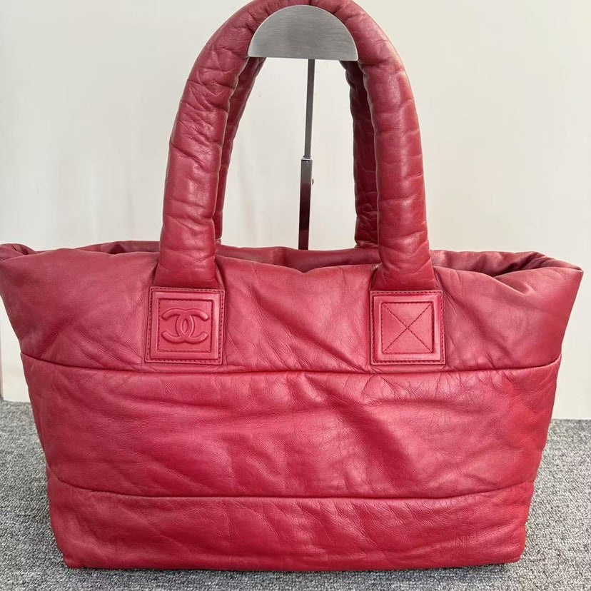 Preloved Chanel Quilted Red Leather Tote Bag