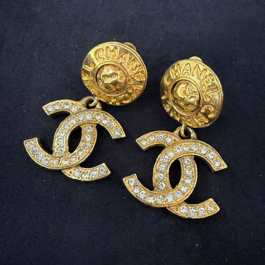 Vintage Chanel Coco Clip-on Rhinestone Earrings Gold TKB