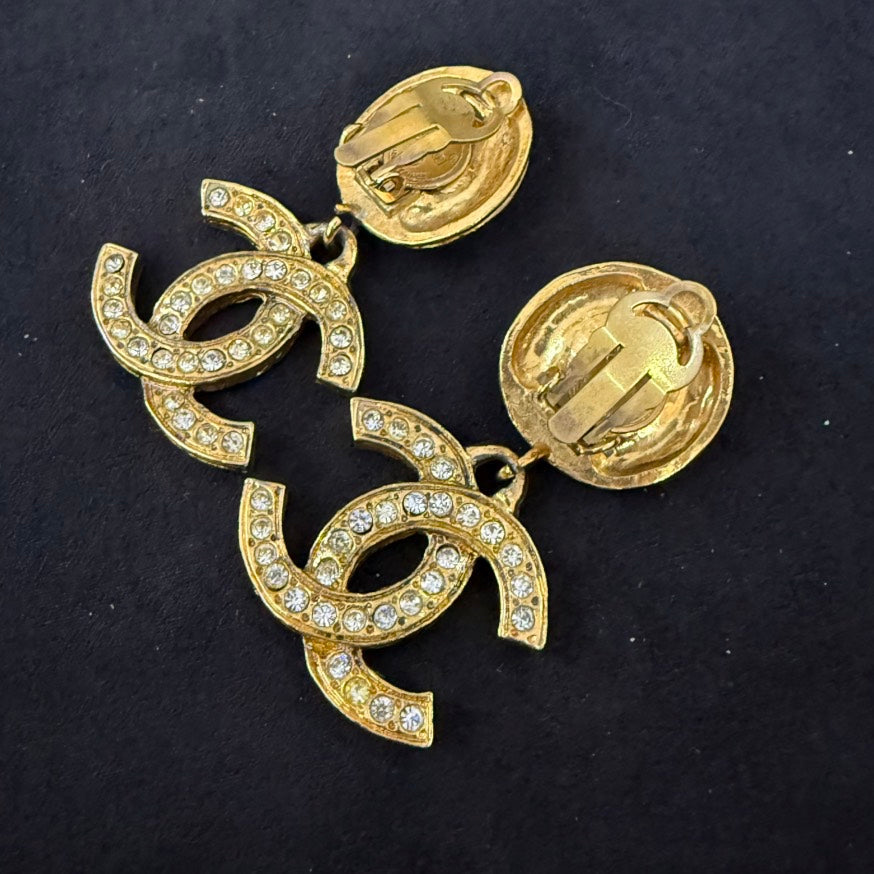 Vintage Chanel Coco Clip-on Rhinestone Earrings Gold TKB