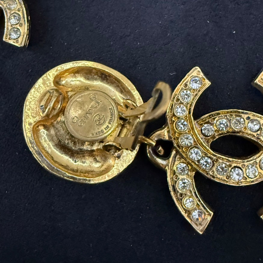 Vintage Chanel Coco Clip-on Rhinestone Earrings Gold TKB