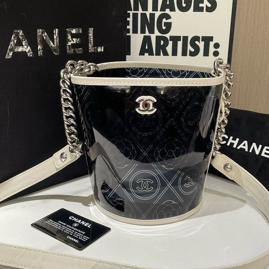 Chanel Camellia Coco Bucket Bag Small Black Patent Leather Used Designer Handbag