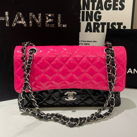 Chanel 20C Patent Leather Classic Flap Medium Pink & Black Shoulder Bag (2020)