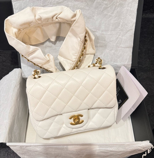 BRAND NEW Chanel Classic Flap White Gold Shoulder Bag Full Set