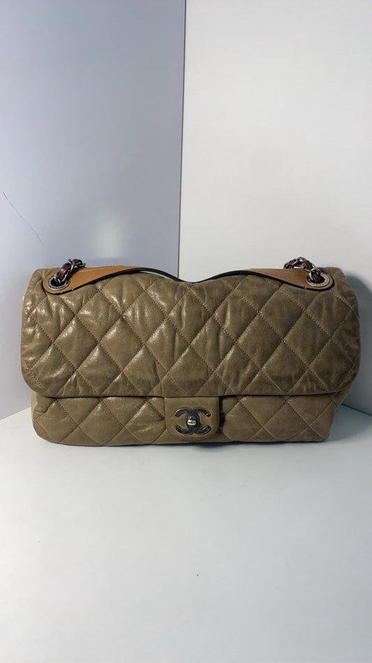 Chanel Airport Crossbody Bag with Handle, Khaki Quilted Leather