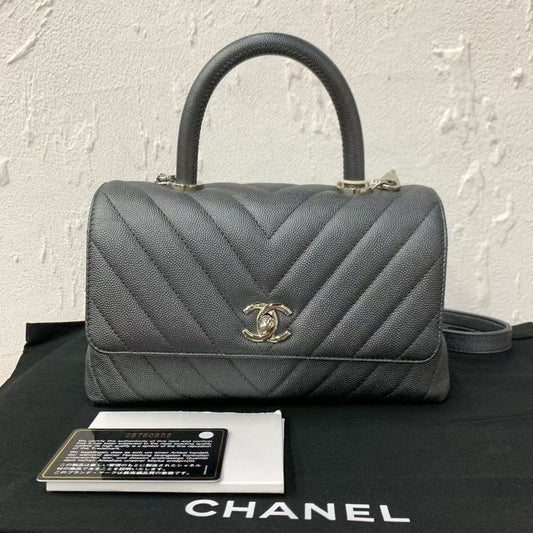 Preloved Chanel Coco Handle Bag Gray Leather Top Handle Bag 4050702