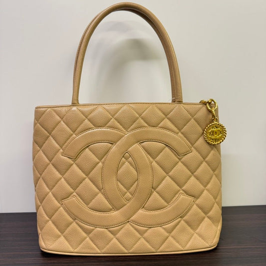 Preloved Chanel Caviar Leather Medallion Tote Bag Beige